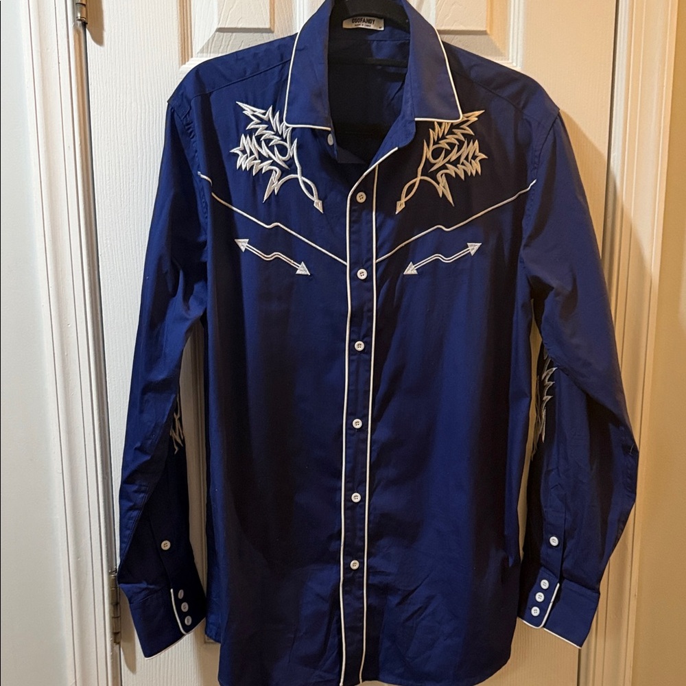 Embroidered Navy Western-Style Long-Sleeve Button-Down Shirt
